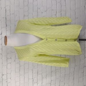 Chico's Cardigan Sweater Yellow Lime  Open Knit Button Down 3/4 sleeve 2 L